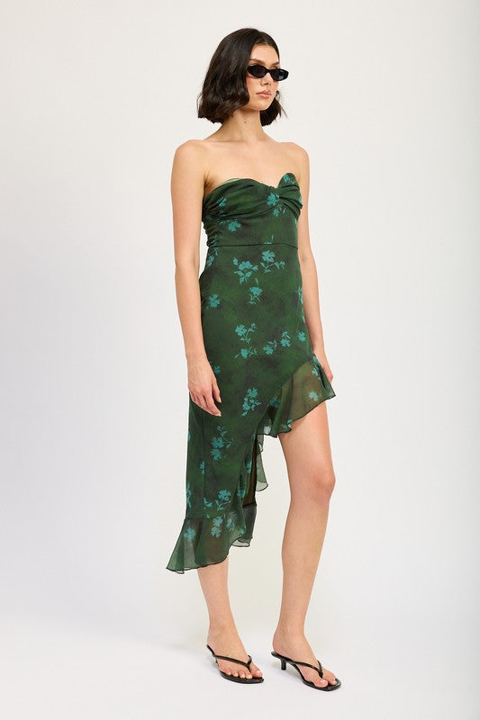 Forest Florals Asymmetrical Ruffle Strapless Midi Dress