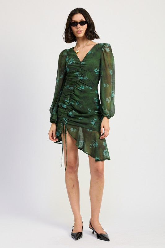 Forest Florals Asymmetrical Ruched Mini Dress