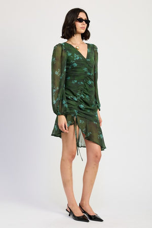 Forest Florals Asymmetrical Ruched Mini Dress