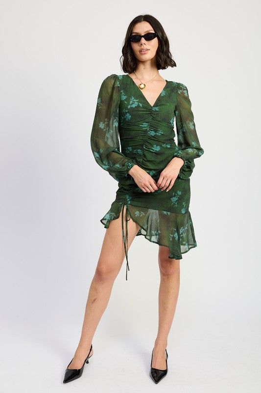 Forest Florals Asymmetrical Ruched Mini Dress