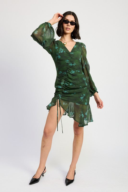 Forest Florals Asymmetrical Ruched Mini Dress