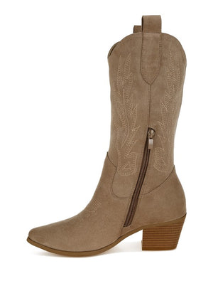 Metallic Detail Embroidery Cowboy Boots in Tan, Black, & Beige