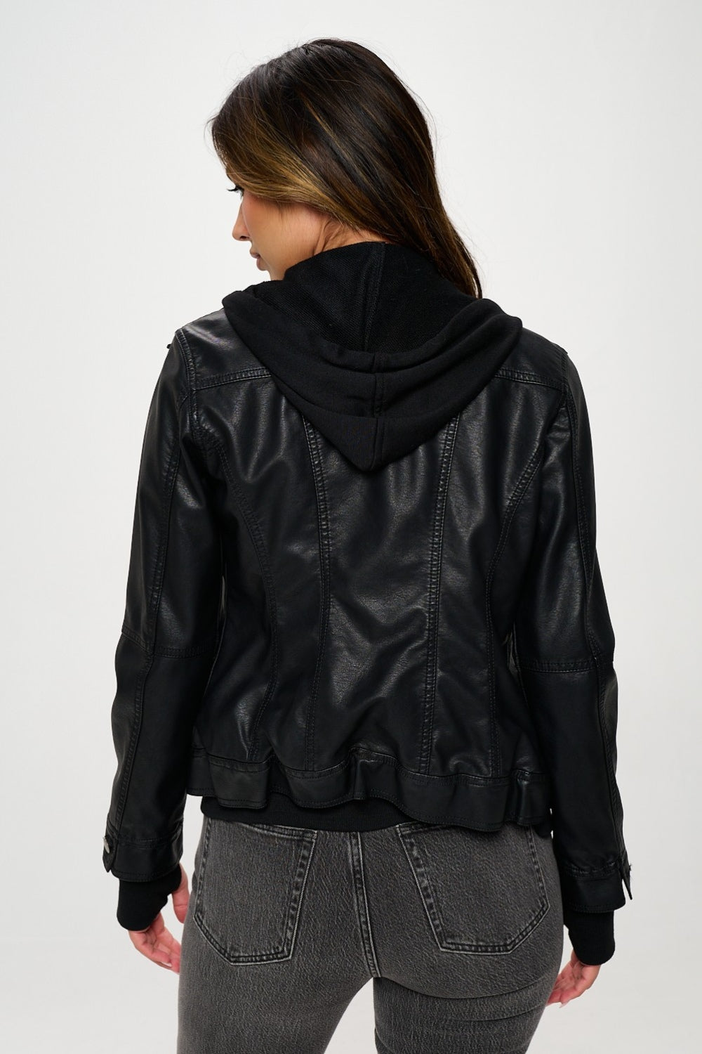 Double Duty Zip Hooded Vegan Leather Jacket in Black