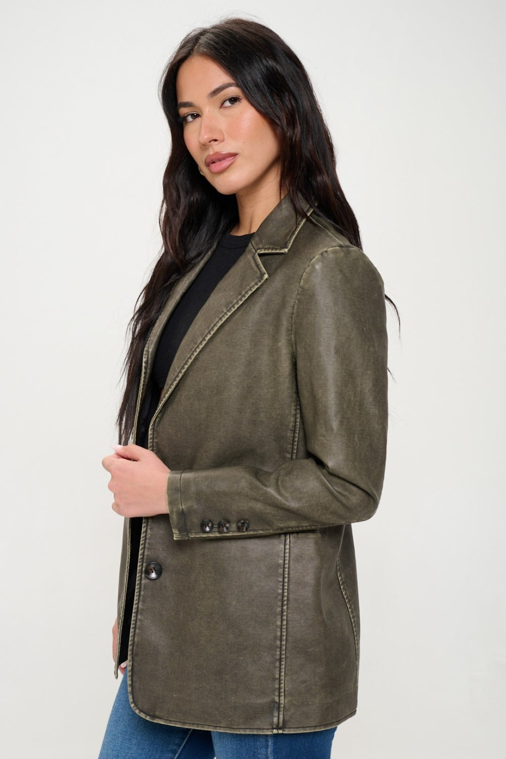 Milena Single-Breasted Vegan Leather Blazer in Olive Brown