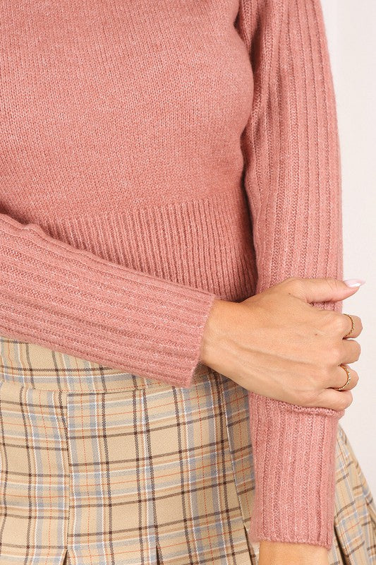 Elevated Cozy Crop Mock Neck Sweater in Pink & Khaki