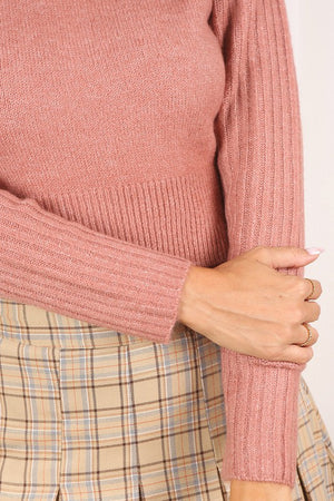 Elevated Cozy Crop Mock Neck Sweater in Pink & Khaki