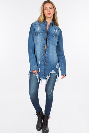 Distressed Button Down Denim Jacket in Blue