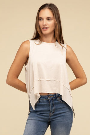 Giselle Shark Hem Side Slit Sleeveless Top in Cabernet, Light Grey, Black, & Sand Beige