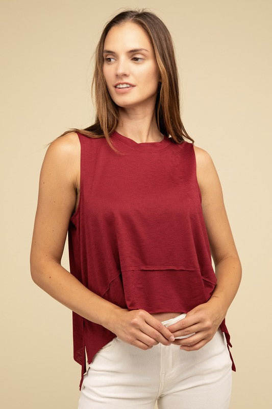 Giselle Shark Hem Side Slit Sleeveless Top in Cabernet, Light Grey, Black, & Sand Beige