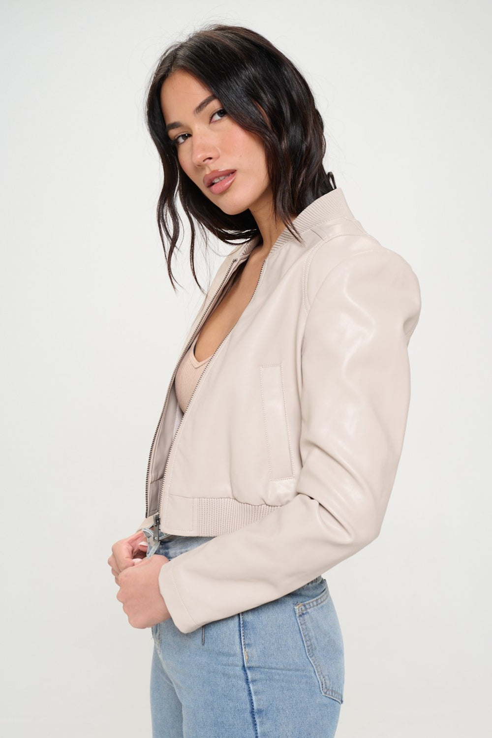 Splash of Sass Cropped Bomber Jacket in Cream