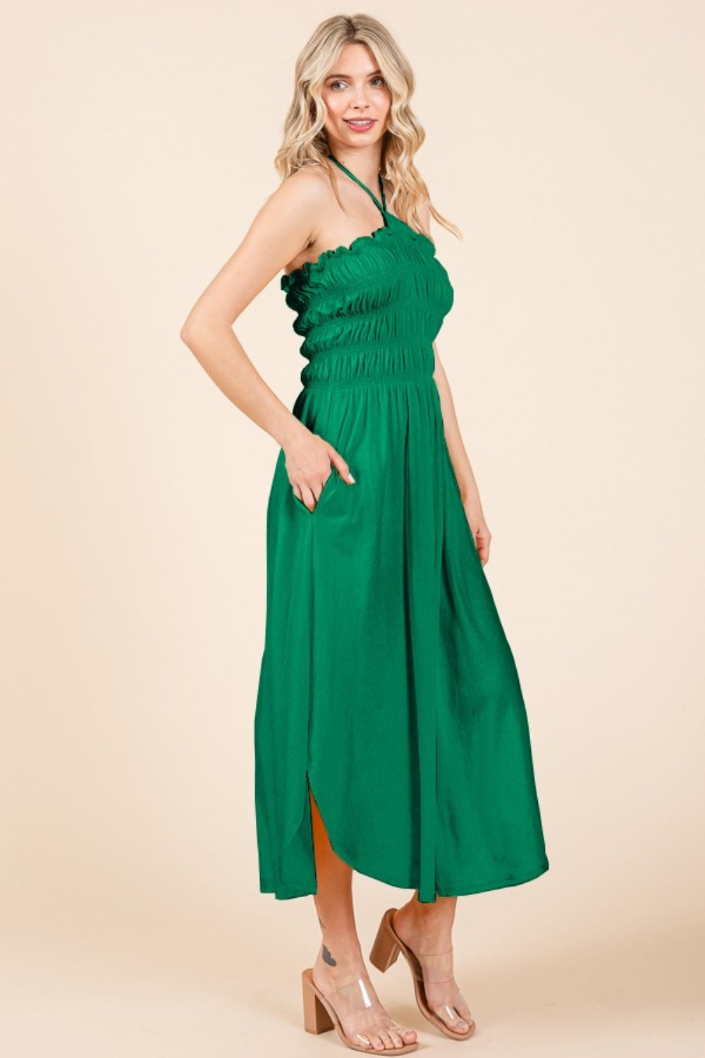 Caitlin Shirring Midi Dress in Green