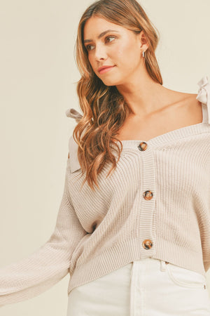 Tied with a Bow Off Shoulder Button Down Sweater