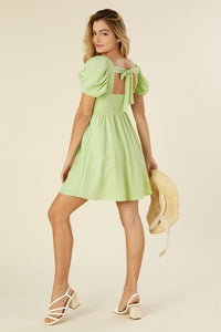 Bella Puff Sleeve Dress with Tie in Green