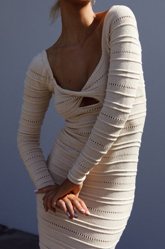 Serena Cut-Out Crochet Knit Midi Dress in Oat