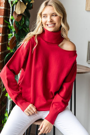 Just a Hint Of Shoulder Turtleneck Sweater in Red