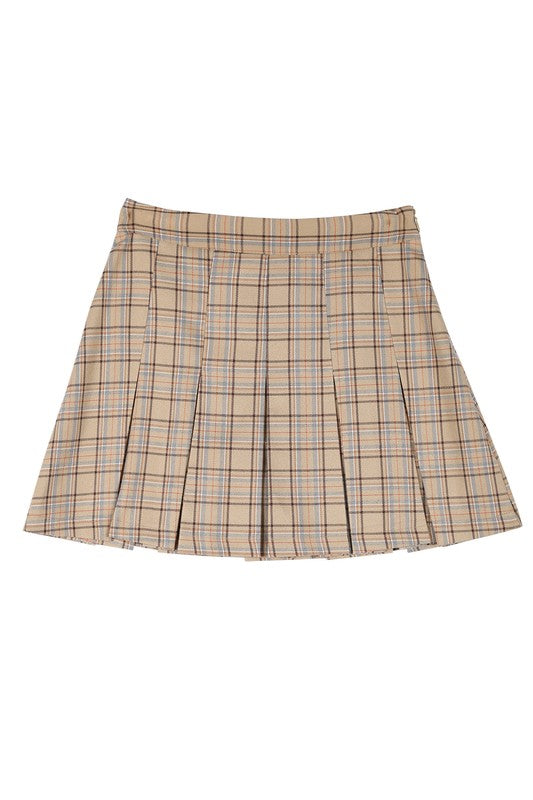 Mad for Plaid Pleat Mini Skirt in Beige Check