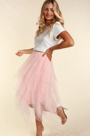 Pretty in Tulle Asymmetric Tiered Tulle Midi Skirt in Blush