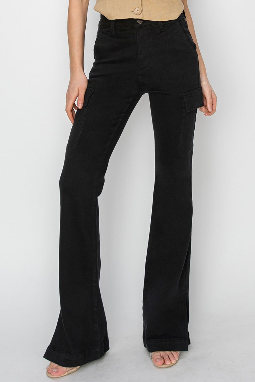 Cargo Pockets & Side Slits High Rise Bootcut Jeans in Black