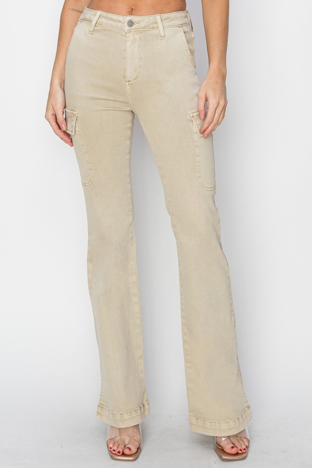 Cargo Pockets & Side Slits High Rise Bootcut Jeans in Stone