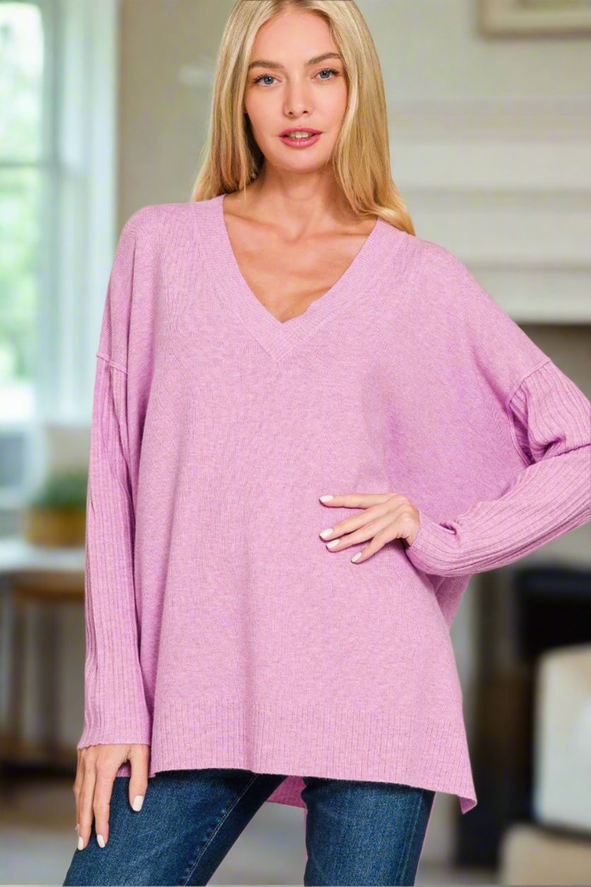 Casual Luxe V-Neck Side Slit Sweater in H. Mauve