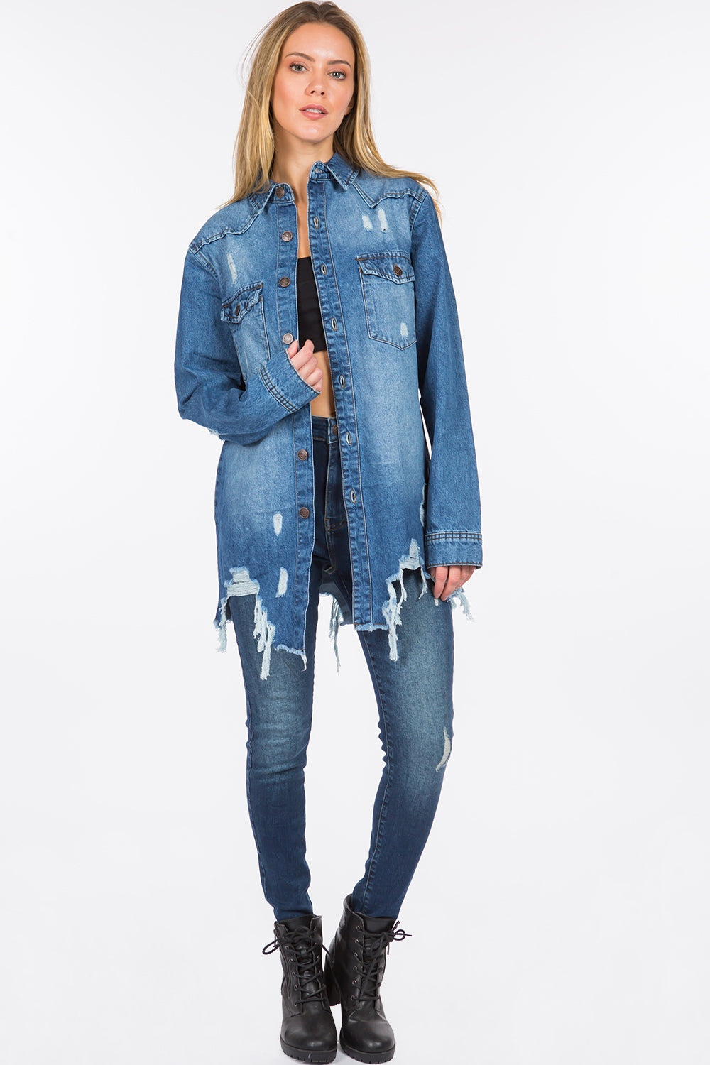 Distressed Button Down Denim Jacket in Blue