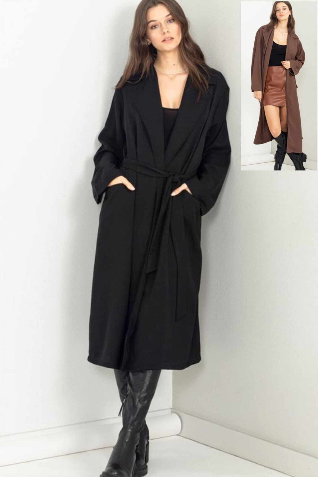 Astrid Trench Coat in Black & Dark Brown