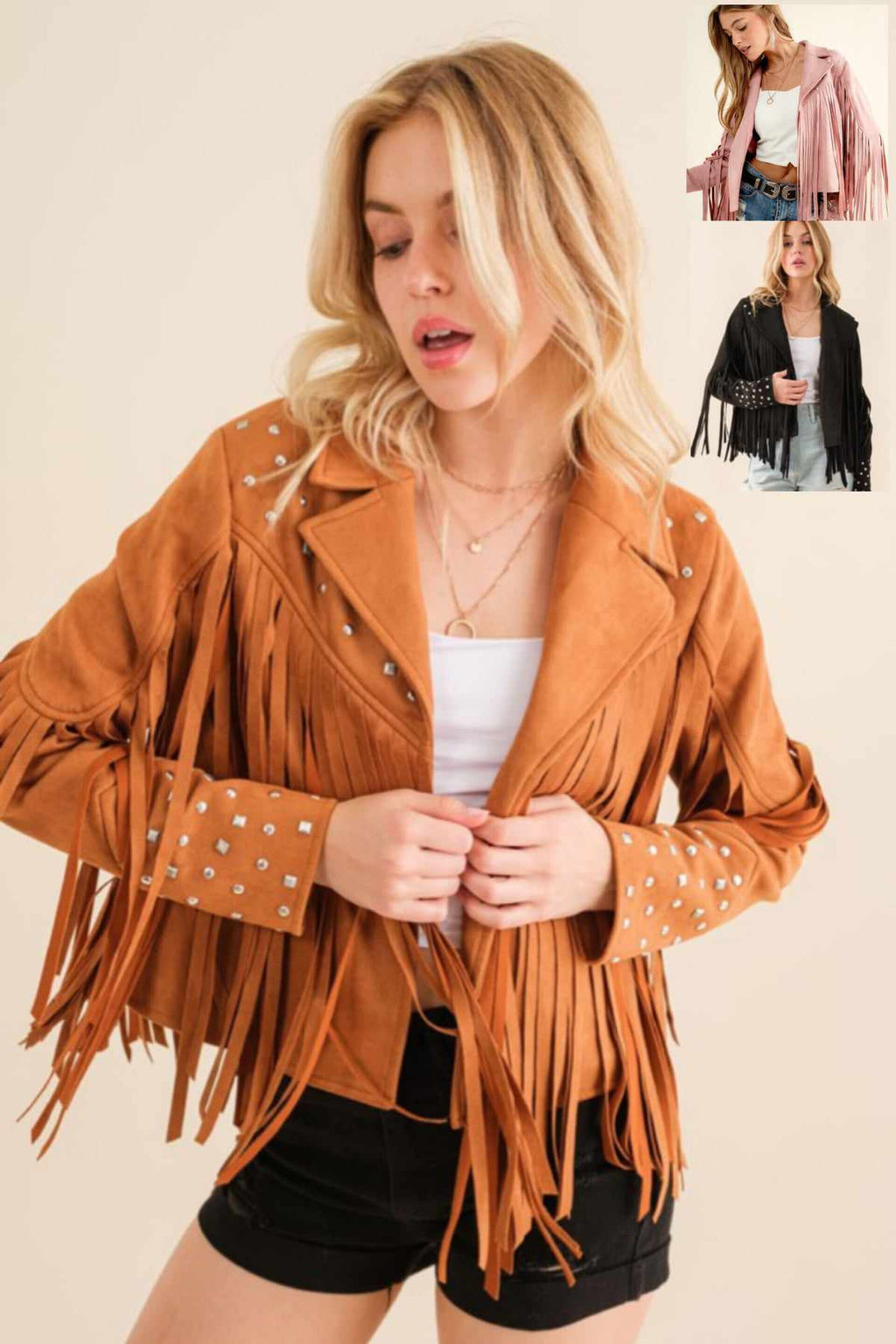 So Glam Fringe & Studs Jacket in Camel, Blush & Black