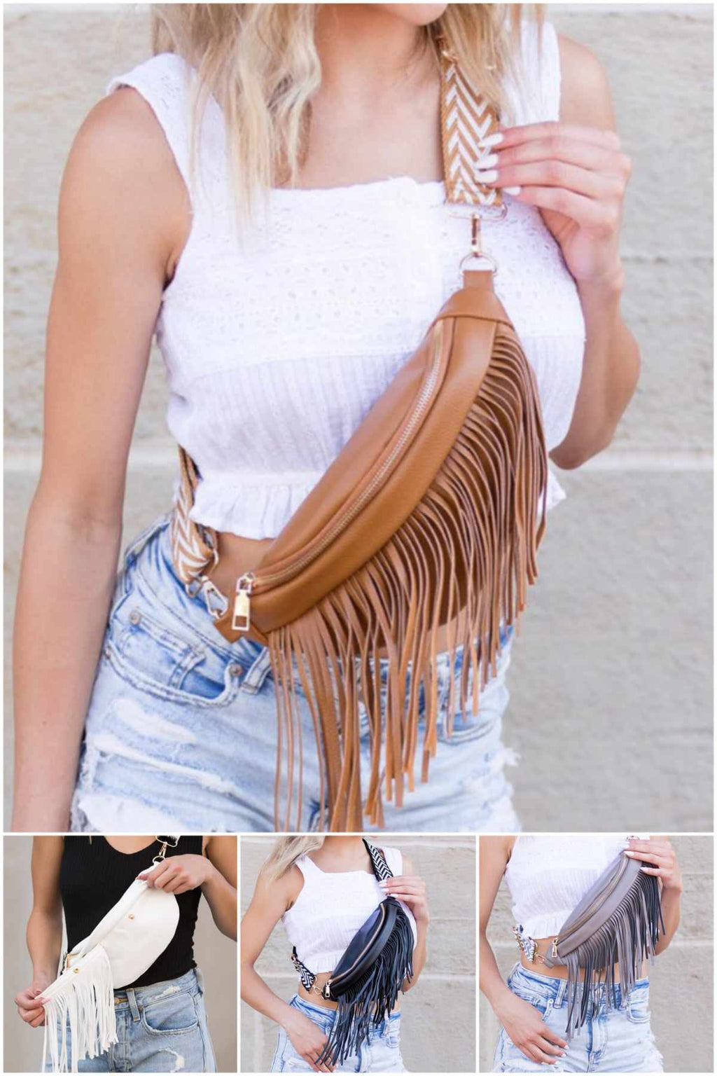 Nina Removable Fringe Crossbody Sling in Cognac, White, Black & Gray