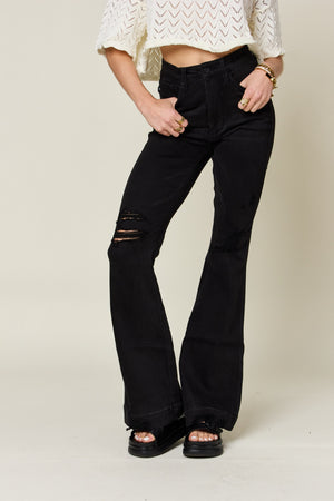 Maëlle High Rise Distressed Flare Jeans in Black