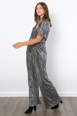 Glow Getter Pleated Foil Jumpsuit in Silver