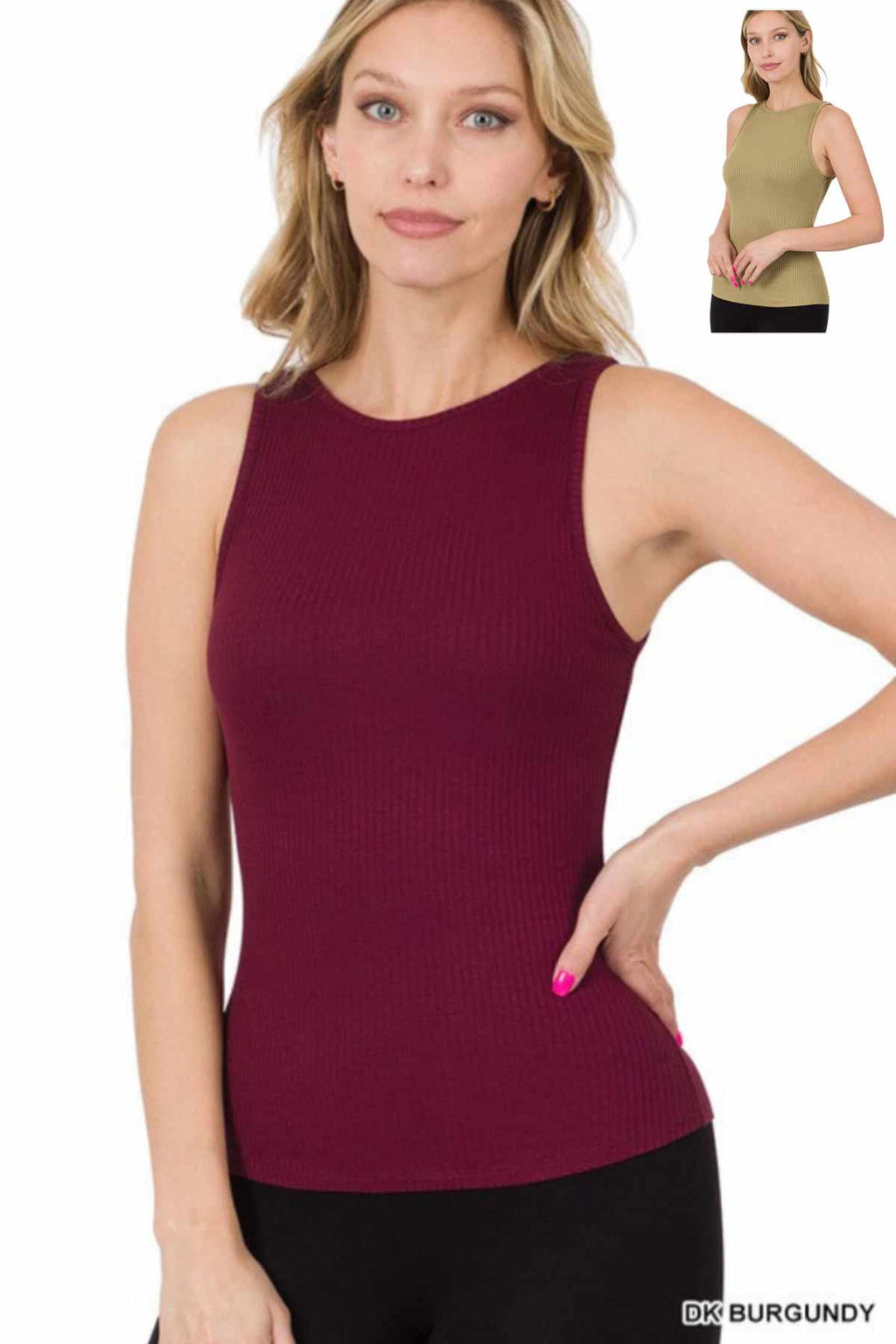 Penelope Sleeveless Ribbed Top in Dark Burgunday & Khaki