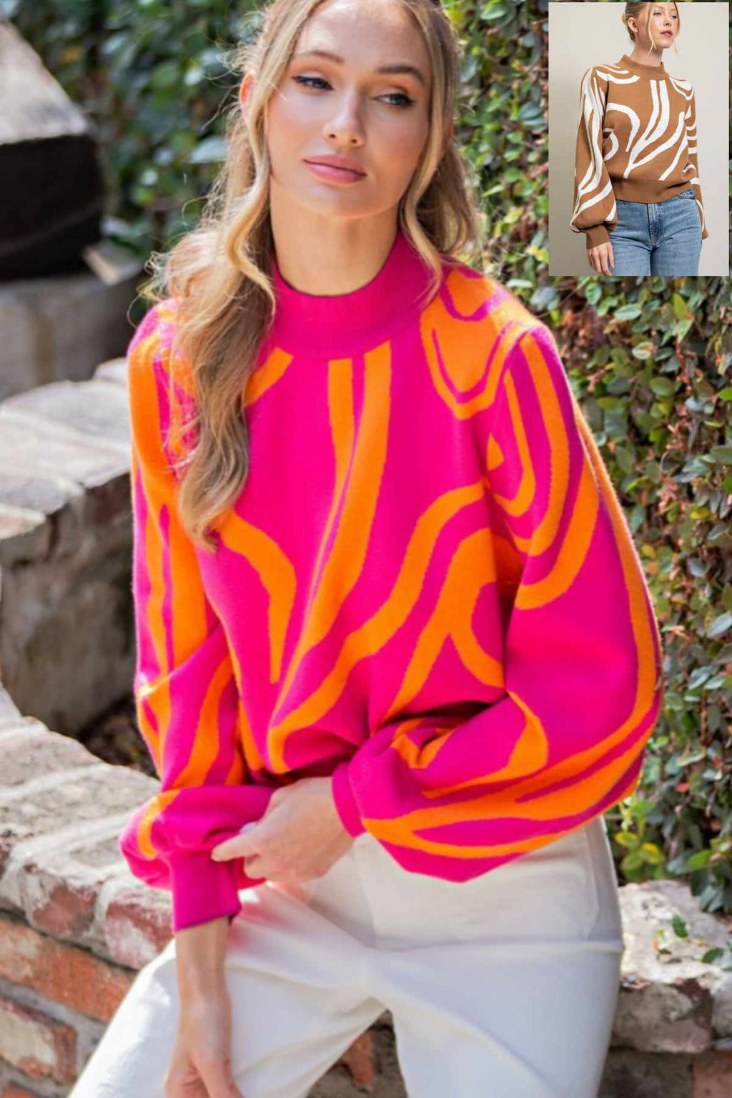 Abstract Print Mock Neck Sweater in Hot Pink & Camel