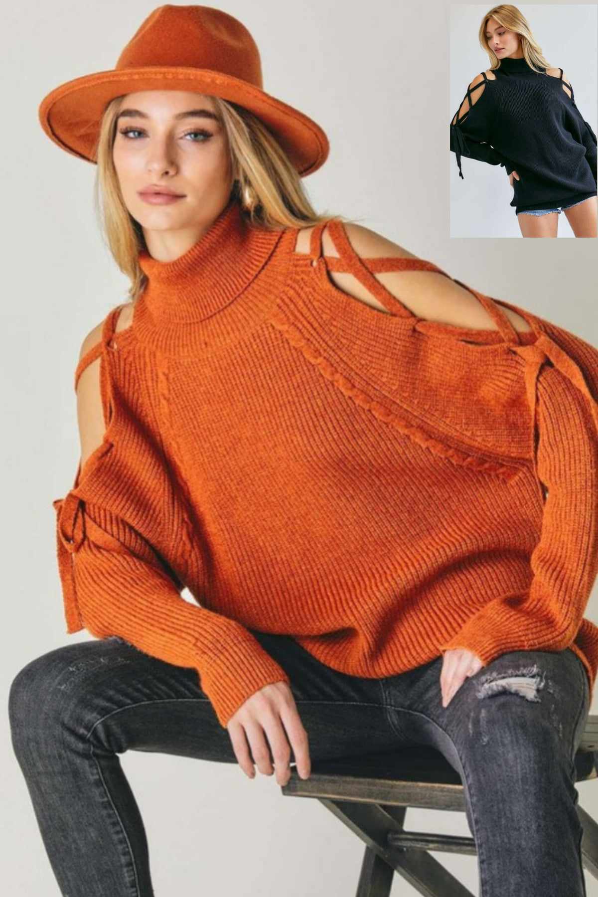 Nora Laced Up Cut-Out Turtle Neck Sweater in Rust & Black