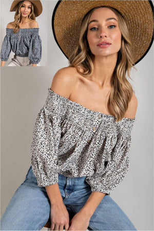 Smock Me Off Shoulder Animal Print Top in Off-White & Blue