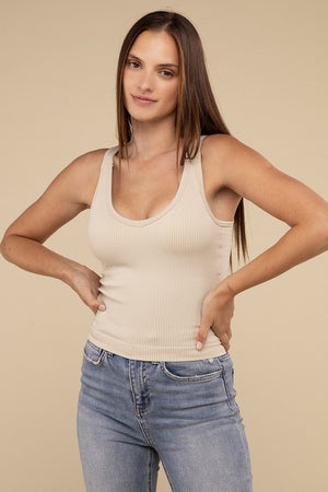 Flattering Fit Ribbed Padded Tank Top in Black, White, & Sand Beige