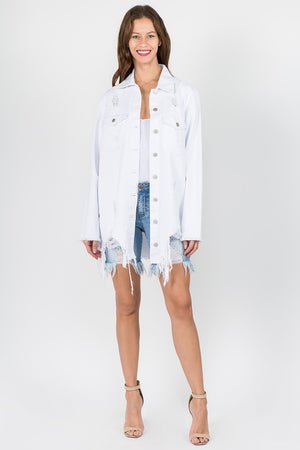 Distressed Button Down Denim Jacket in White