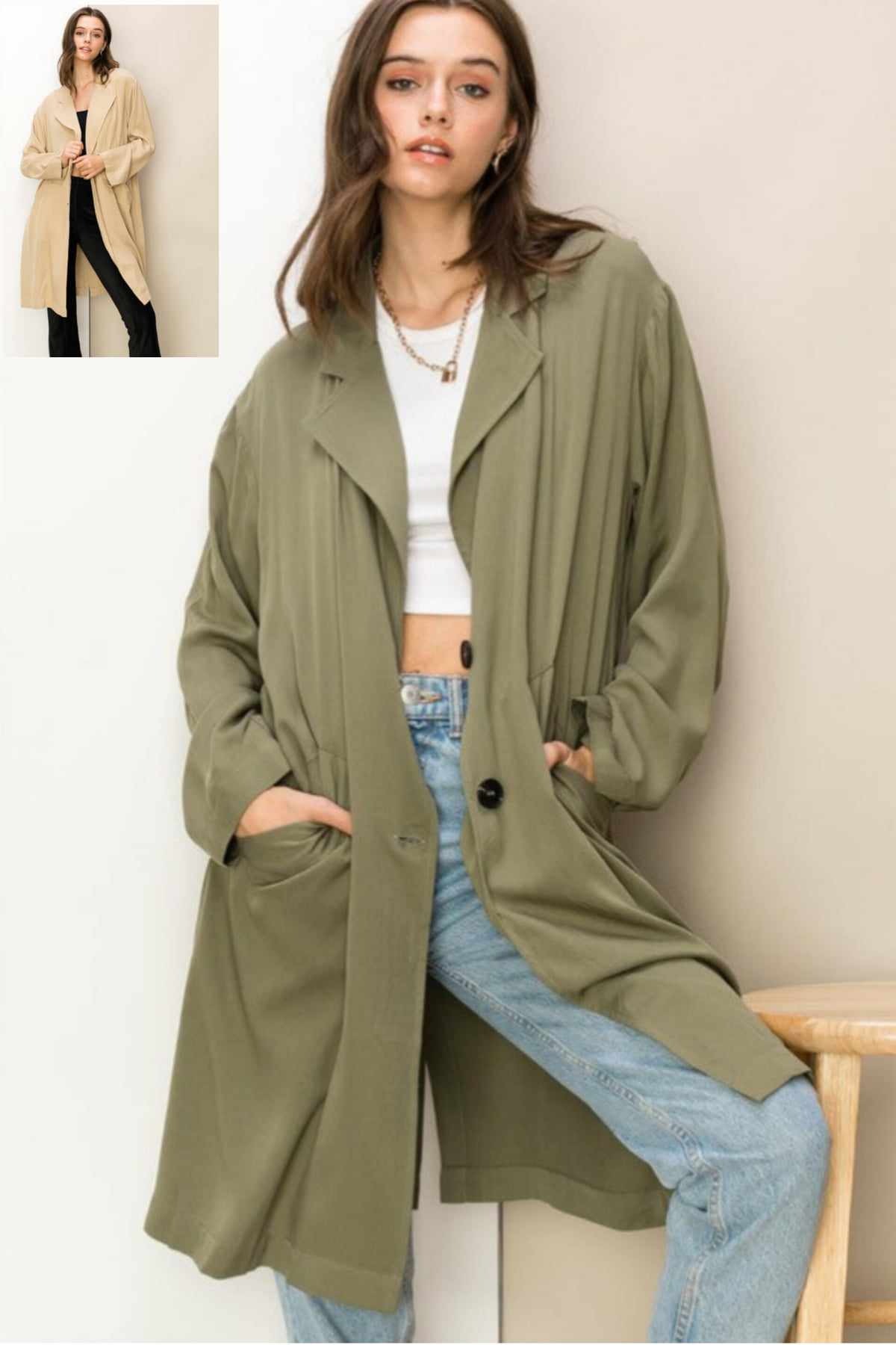 Notched Lapel Oversized Coat in Olive & Khaki