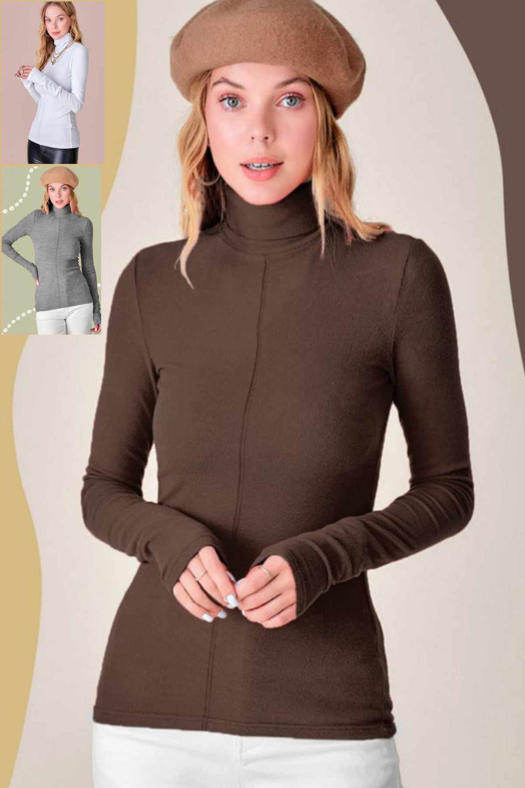 Tiffany Turtleneck Top in Chocolate, White, & Heather Grey