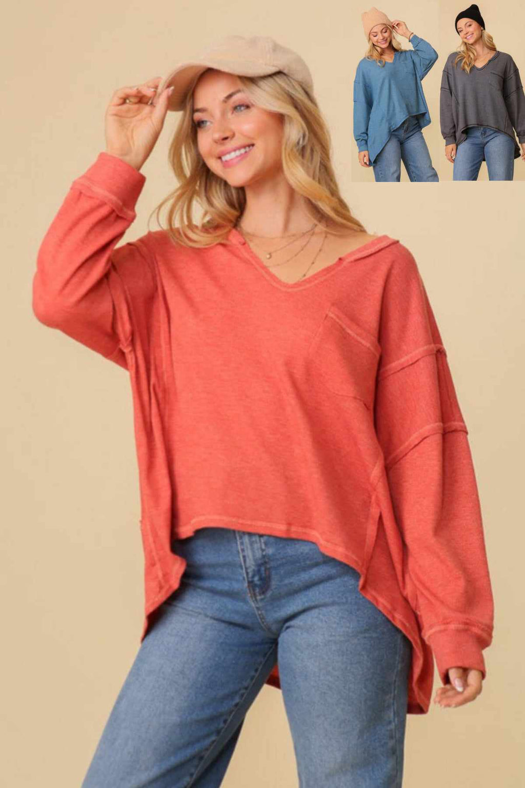 Samantha Thermal High Low Oversized Top in 2 Tone Papaya, Stone Blue, & Charcoal