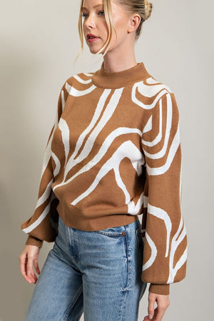 Abstract Print Mock Neck Sweater in Hot Pink & Camel