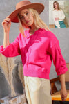 Courtney V-Neck Cable Knit Sweater in Dark Pink & Ivory