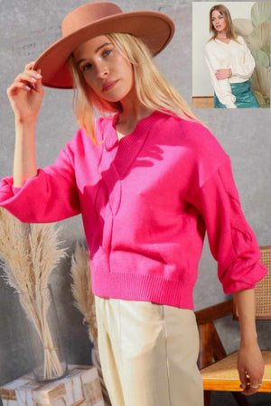 Courtney V-Neck Cable Knit Sweater in Dark Pink & Ivory