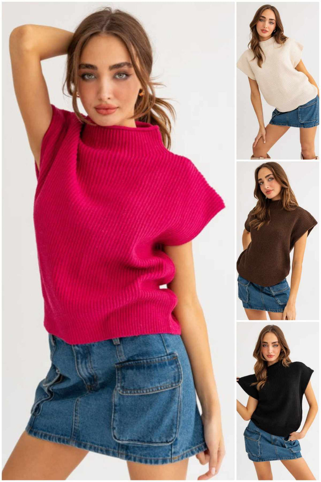 Be Bold Short Sleeve Turtle Neck Sweater in Fuchsia, Cream, Brown, & Black