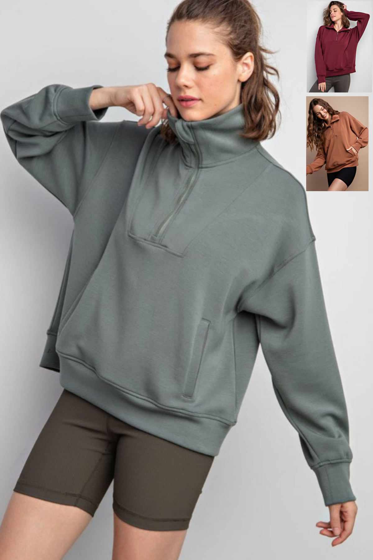 Blended Luxury Quarter Zip Pullover in Sage Leaf, Wine, & Camel