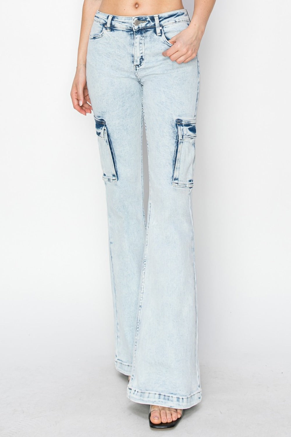 Metro Chic High Rise Cargo Flare Jeans in Acid Light