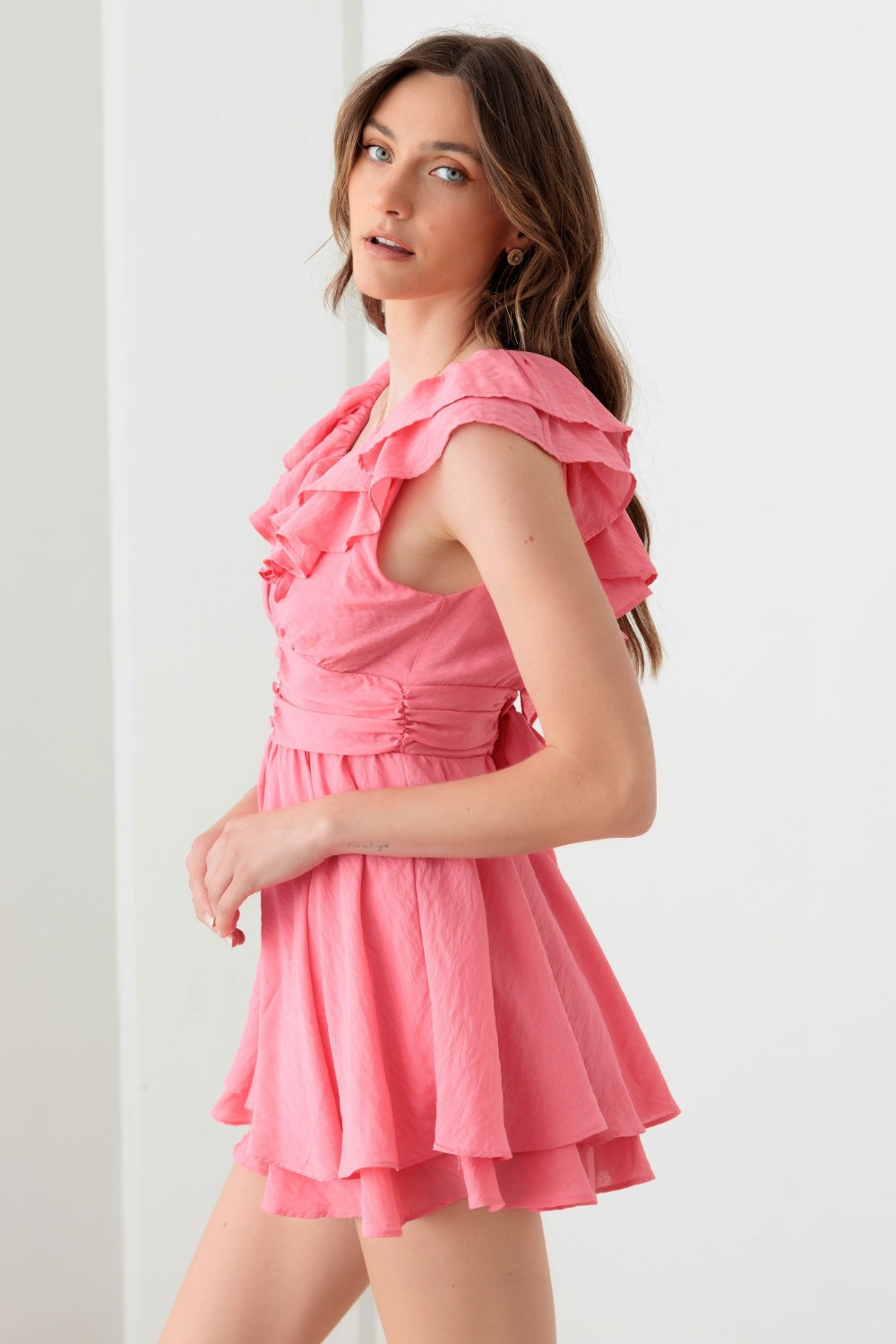 Hello Dolly Tie Back Ruffled Romper in Doll Pink