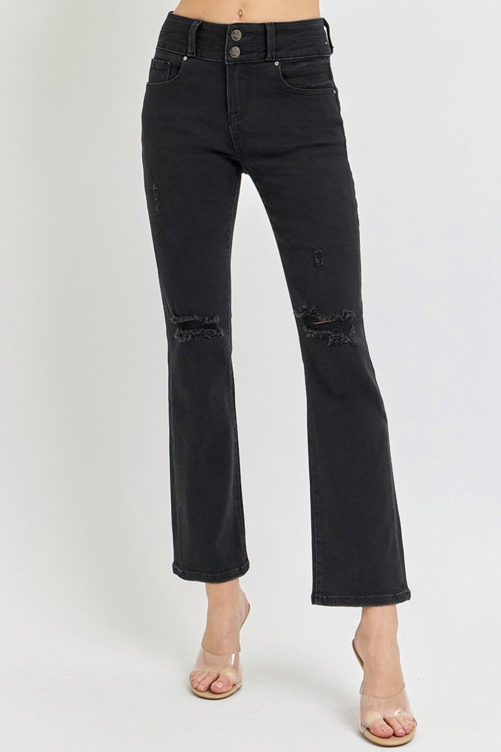 Two Button Ankle Bootcut Jeans in Black