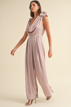 Antoinette Floral Detail Deep Cowl Neck Jumpsuit in Dusty Mauve