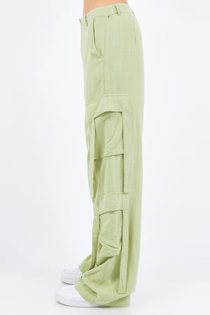 Urban Flair Linen Wide Leg Cargo Pants in Sage