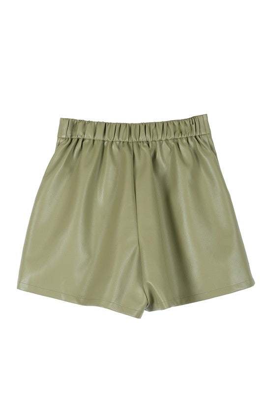 Modern Vegan Leather Shorts in Green & Brown